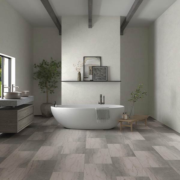 stone look luxury vinyl tile in bathroom